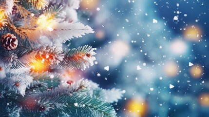Fototapeta na wymiar Christmas Winter Blurred Background: Xmas Tree with Snow Decorations (Generative AI)