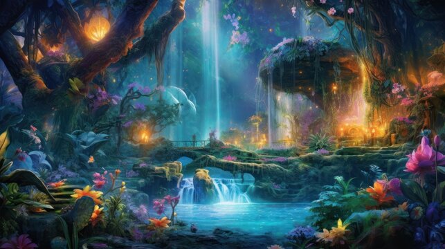 Lush enchanted garden with talking animals, fairies, and sparkling waterfalls