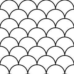 Fish scale wallpaper. Asian traditional ornament with repeated scallops. Repeated black curves on white background. Seamless surface pattern design with semicircles. Grid motif. Digital paper. Vector. © funkyplayer
