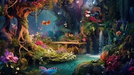 Fototapeta na wymiar Lush enchanted garden with talking animals, fairies, and sparkling waterfalls