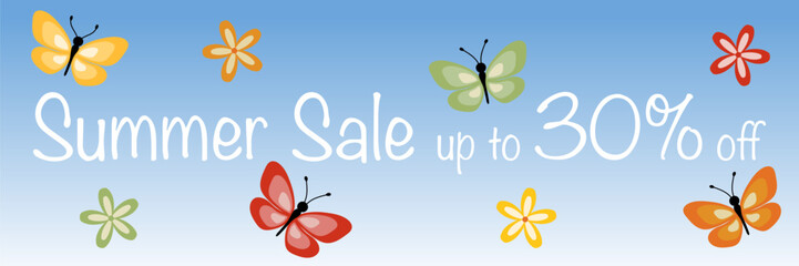 Summer Sale up to 30% off - Schriftzug in englischer Sprache - Sommerschlussverkauf bis zu 30% Rabatt. Verkaufsbanner mit einem Himmel voller Schmetterlingen und Blumen.
