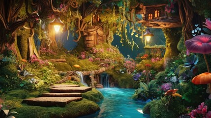 Fototapeta na wymiar Lush enchanted garden with talking animals, fairies, and sparkling waterfalls