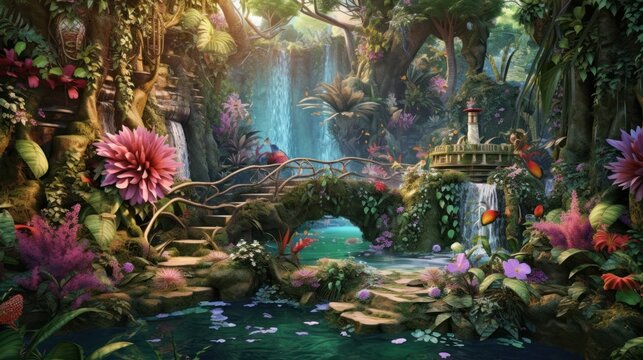 Lush enchanted garden with talking animals, fairies, and sparkling waterfalls