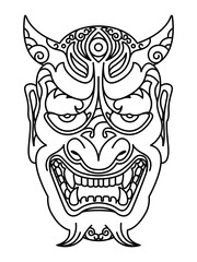 An outline illustration of the face of a demon inspired by traditional tattoo artwork. 