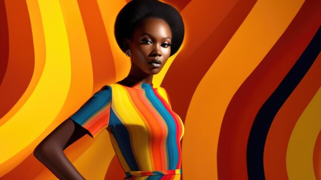 Fototapeta Young african female model posing with trendy fashion outfit and colorful vibrant orange optical art abstract background. Picturesque generative AI