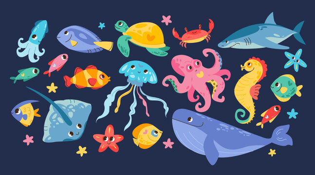 Underwater world, sea life. Cute sea animals and fish. Cartoon vector characters with smiling faces.
