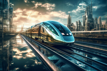 Futuristic high speed train passing by. Generative ai