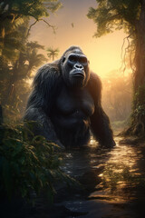 Naklejka premium King kong in the water, sunset backlight. Generative ai