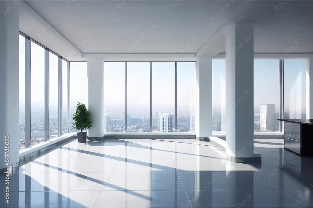 Poster front view modern empty office with panoramic skyline view bright daylight. generative ai aig18.