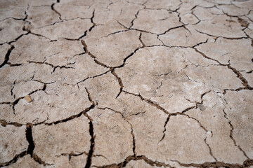 Dried cracked brown soil close up