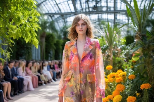 High fashion show in a botanic garden with beautiful young female models in fine casual colorful dresses. 	