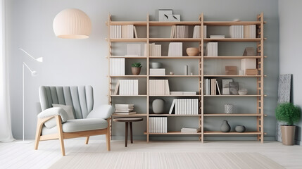 Fototapeta na wymiar scandinavian bookcase with armchair in modern cozy interior of room. Home library with book shelf.