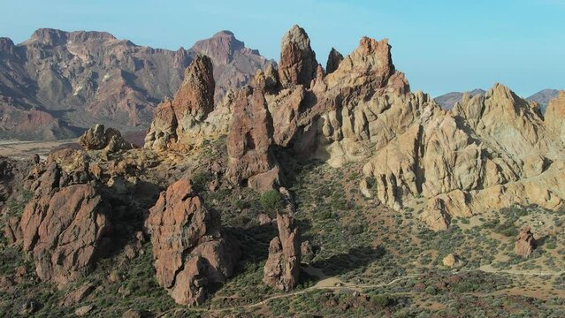 Aerial fly over view above the heart of Teide natural Park in Tenerife - La Ruleta - Canary Islands - Spain