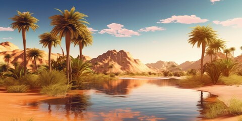 oasis amidst a vast desert, with palm trees, a tranquil pool of water  Generative AI Digital Illustration Part#100623