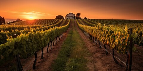 Charming Vineyard at Sunset - A charming vineyard bathed in the warm glow of sunset  Generative AI Digital Illustration Part#100623 - obrazy, fototapety, plakaty