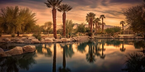 desert oasis surrounded by palm trees, bathed in the soft hues of twilight fun places to go in summer
  Generative AI Digital Illustration Part#110623