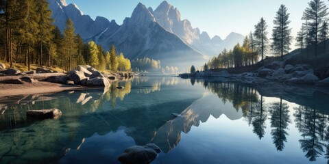 tranquil mountain lake nestled among towering peaks, its crystal-clear waters reflecting the majestic scenery that surrounds it  Generative AI Digital Illustration Part#110623