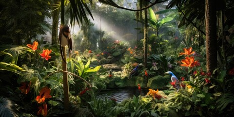 lush tropical rainforest teeming with vibrant foliage, exotic flowers, and the chorus of chirping birds  Generative AI Digital Illustration Part#110623