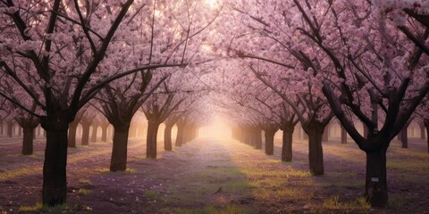 blossoming cherry orchard with trees adorned in delicate pink blossoms, creating a breathtaking sea of flowers  Generative AI Digital Illustration Part#110623