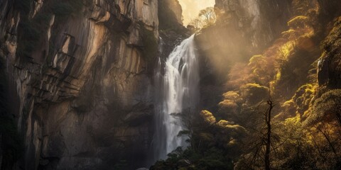 Fototapeta na wymiar majestic waterfall cascading down rugged cliffs, sending sprays of mist into the air Generative AI Digital Illustration Part#110623