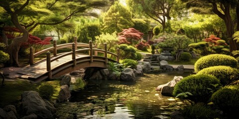 Fototapeta na wymiar tranquil Japanese garden, featuring a serene pond, meticulously pruned bonsai trees, and a traditional wooden bridge Generative AI Digital Illustration Part#110623