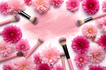 Obraz na płótnie Canvas cosmetic brushes and flowers in shape of frame on white background. cosmetics mockup. Generative AI