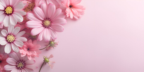 Fototapeta na wymiar Beautiful chrysanthemum flowers on neutral pink background. Minimalist floral concept with copy space. Generative AI