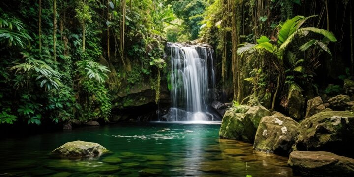 hidden gem nestled deep within a lush rainforest, a tropical waterfall cascades down a rocky cliff  Generative AI Digital Illustration Part#110623