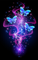 Fantastic butterflies and magical curving transparent waves with glowing stars on night dark background
