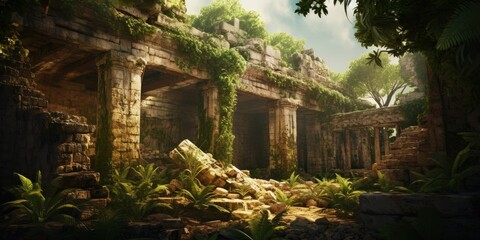 Crumbling stone ruins surrounded by lush vegetation  Generative AI Digital Illustration Part#110623