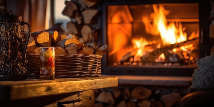 A cozy fireplace adorned with crackling logs  Generative AI Digital Illustration Part#110623