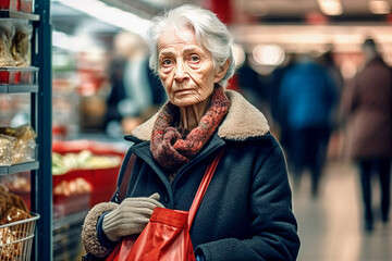 portrait of aged grey haired woman with bag in supermarket