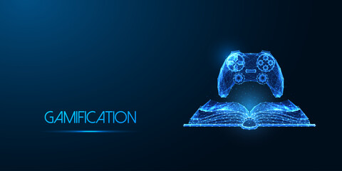 Gamification, immersive learning, education futuristic concept with open book and game controller