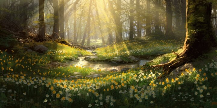  A secluded mountain path winds through fields of daffodils,  Generative AI Digital Illustration Part#110623