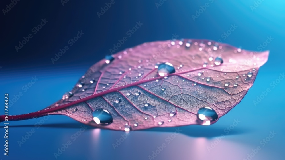 Poster the close-up of transparent skeleton leaf with water drops on beautiful texture in a blue and pink b
