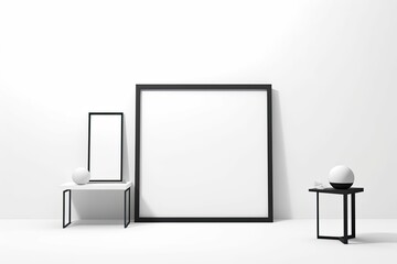 White minimalist workspace with a blank screen tablet, office supplies, and a mockup frame on a white table Generative AI