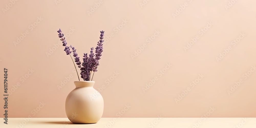 Poster simple floral design with a soft-colored background and copy space. adorable little vase with dried 
