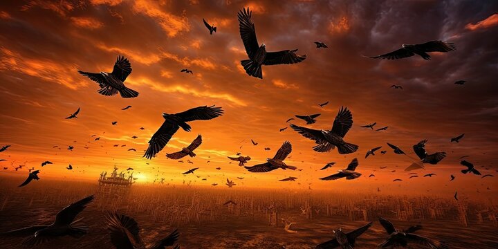 A flock of ravens takes flight over a vast, desolate landscape, their shadows cast long and ominous.   Generative AI Digital Illustration Part#110623