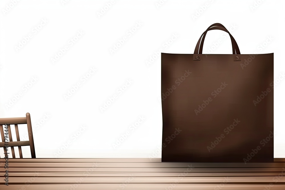 Sticker brown shopping bag and an empty table on a white background Generative AI