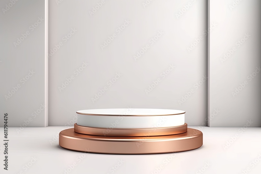 Aufkleber white background with empty podium in white and copper. white platform for product display, empty po