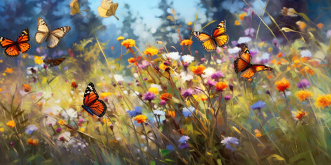 Fototapeta na wymiar In a sunlit meadow, butterflies of various colors and sizes flutter gracefully among the wildflowers Generative AI Digital Illustration Part#110623