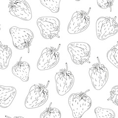 Seamless pattern with contour strawberries. Berries in hand drawn sketch style. Cute doodles in vector on a white background. Diet organic products. Monochrome background for design wrapping paper