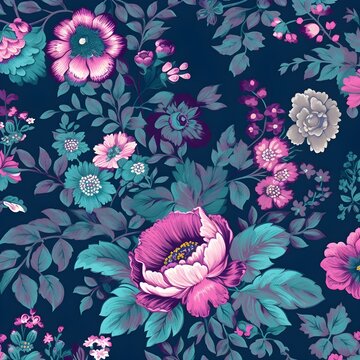 seamless floral background pink roses with green leaves on a navy blue background pattern