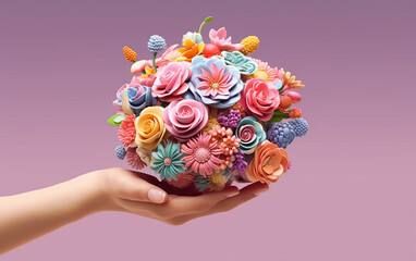 A hand grasping a bunch of artificial flowers in various vibrant hues.   Generative AI