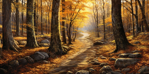 Crisp Morning Walk - Follow a winding path through a sun-drenched autumn forest  Generative AI Digital Illustration Part#110623