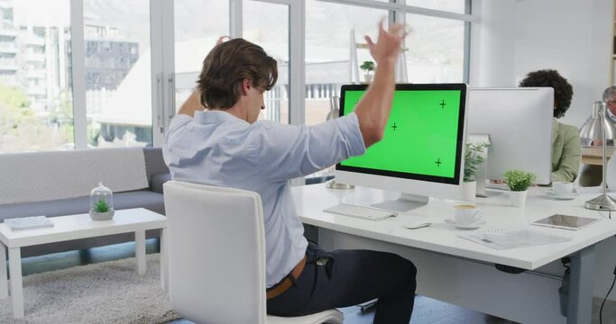 Relax, man with computer and green screen, chromakey coworking space and mockup with thinking. Businessman working in design agency, technology mock up and tracking markers on desktop for website.