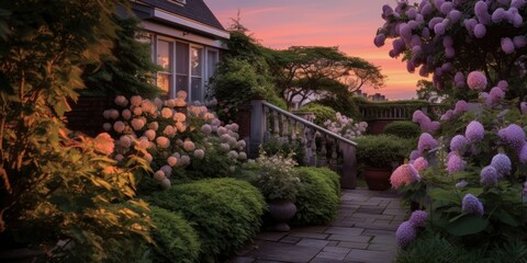 Fototapeta na wymiar Twilight Reverie - A panoramic shot of a dooryard garden adorned with lilacs at dusk, Generative AI Digital Illustration Part#110623