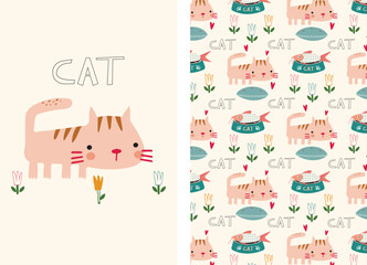 set of illustrations and patterns with a ginger cat, flowers and a portion of fish on a beige background.