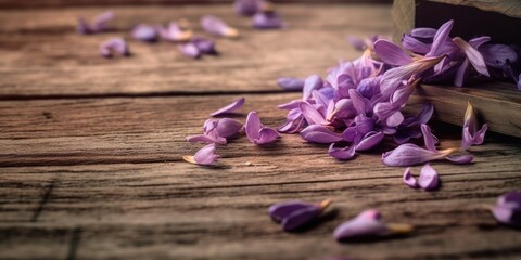 Fototapeta na wymiar Remnants of Sorrow - A still life composition featuring withered lilac petals scattered on a weathered wooden surface Generative AI Digital Illustration Part#110623