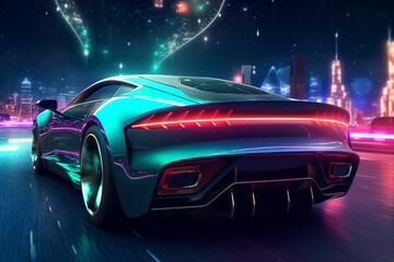 Obraz na płótnie Canvas futuristic sports car rides at high speed on neon highway, illustrates the speed of a supercar made with Generative AI